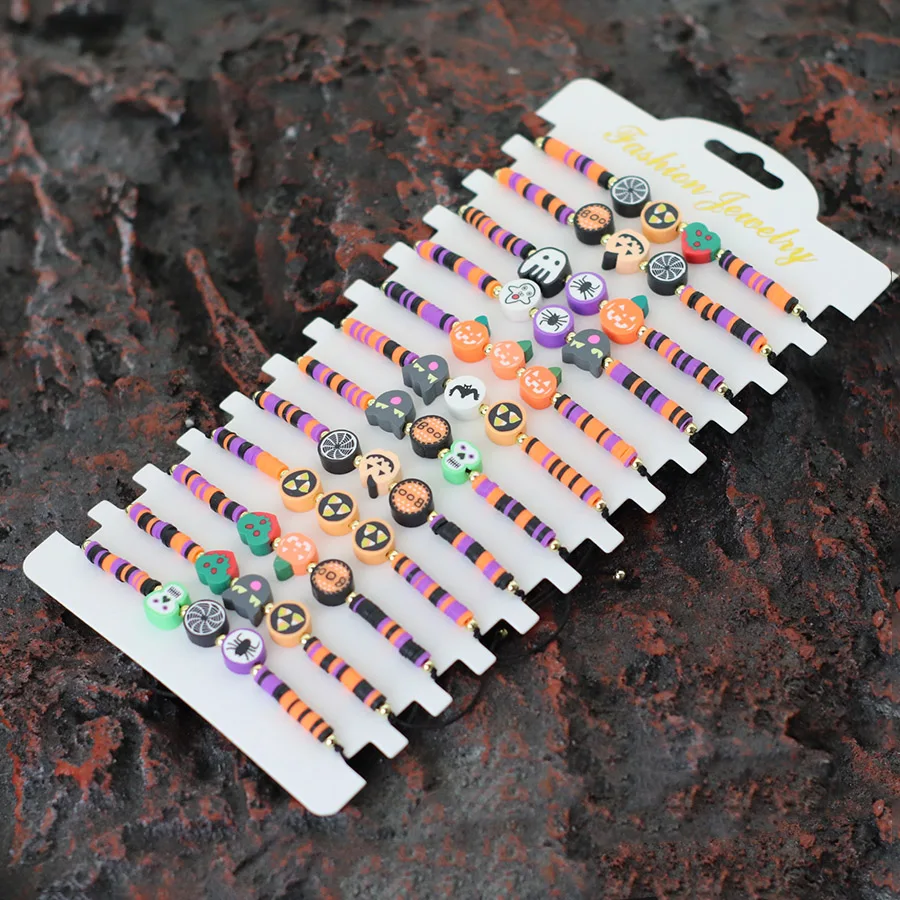 

12Pcs/Dozen Halloween Rope Bracelet Unisex Handmade Adjustable Pumpkin Spider Colourful Poly Clay Braclet Party Friendship Joias