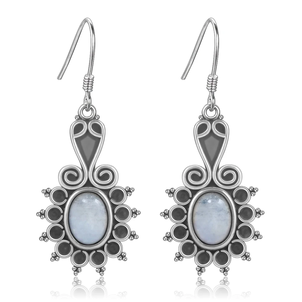 New Style Oval Ethnic Flower Amethyst Women\'s Silver Plated Drop Earrings Wedding Party Anniversary Engagement Jewelry