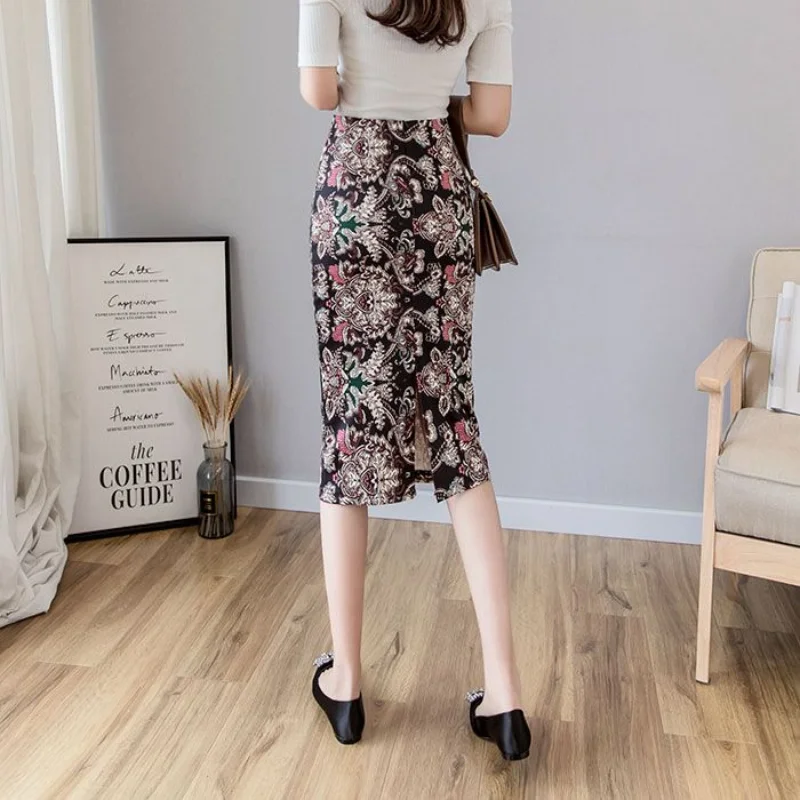New Spring and Summer Women's Solid Colors Printed Split High Waist Zipper Bag Hip Korean Fashion Casual Commuter Skirt