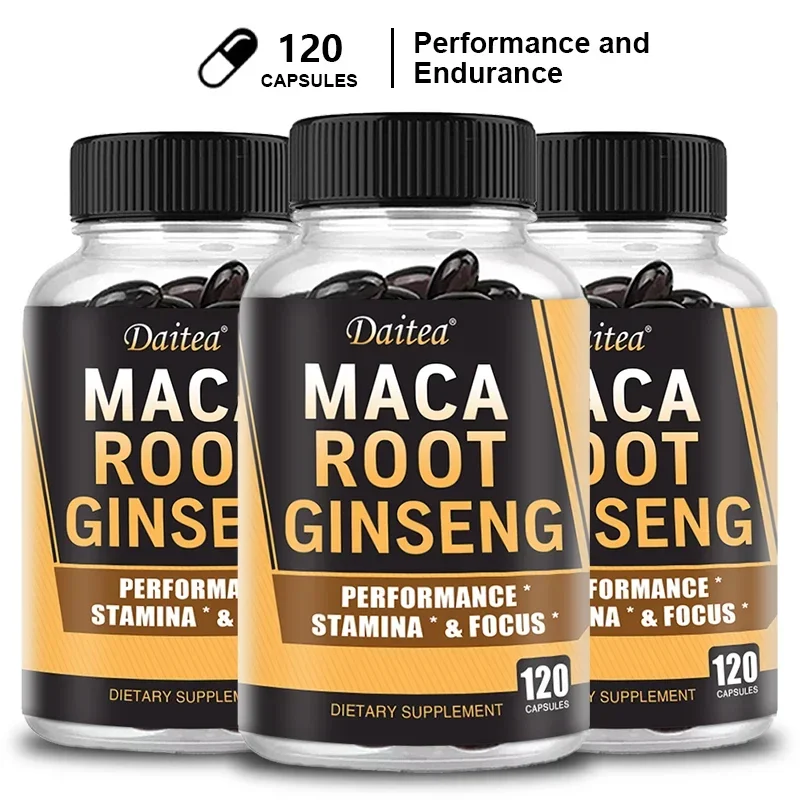 Daitea Maca Root 10,000 Mg (Yellow, Red, Black) + Ginseng Extract 1,400 Mg - Energy, Muscle Growth, 120 Vegetarian Capsules