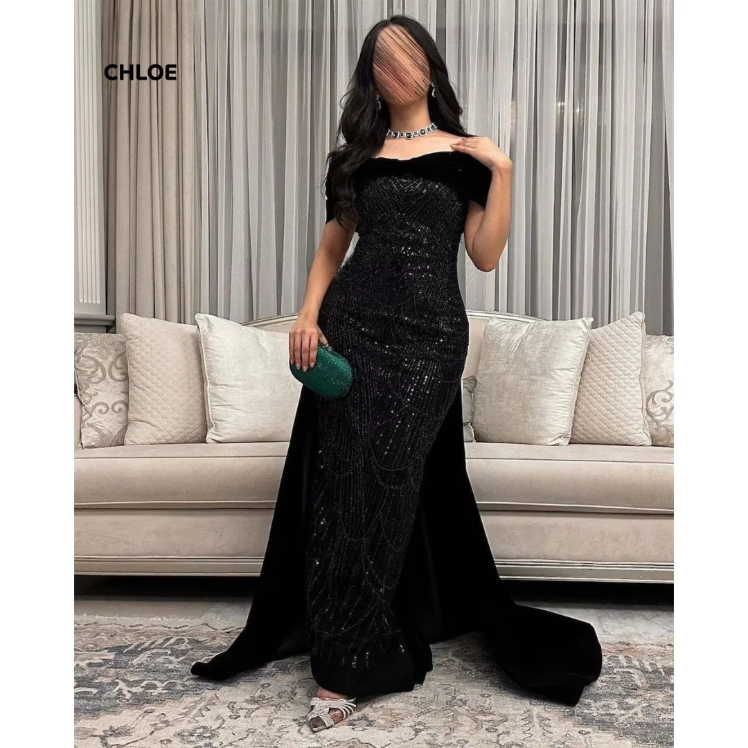 

Line A Elegant Evening Dresses for Woman Luxury Party Dresses for Special Occasions Customized Black Short Sleeves Shiny Dress