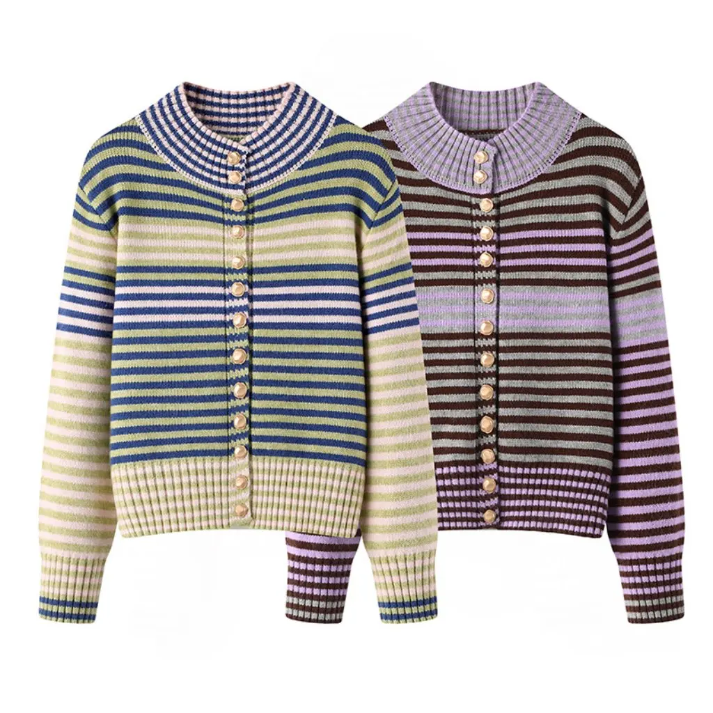 

Korean Women's Half High Collar Contrast Striped Sweater Slimming Style 00AA-0952 Retro Design for Autumn Winter Wholesale