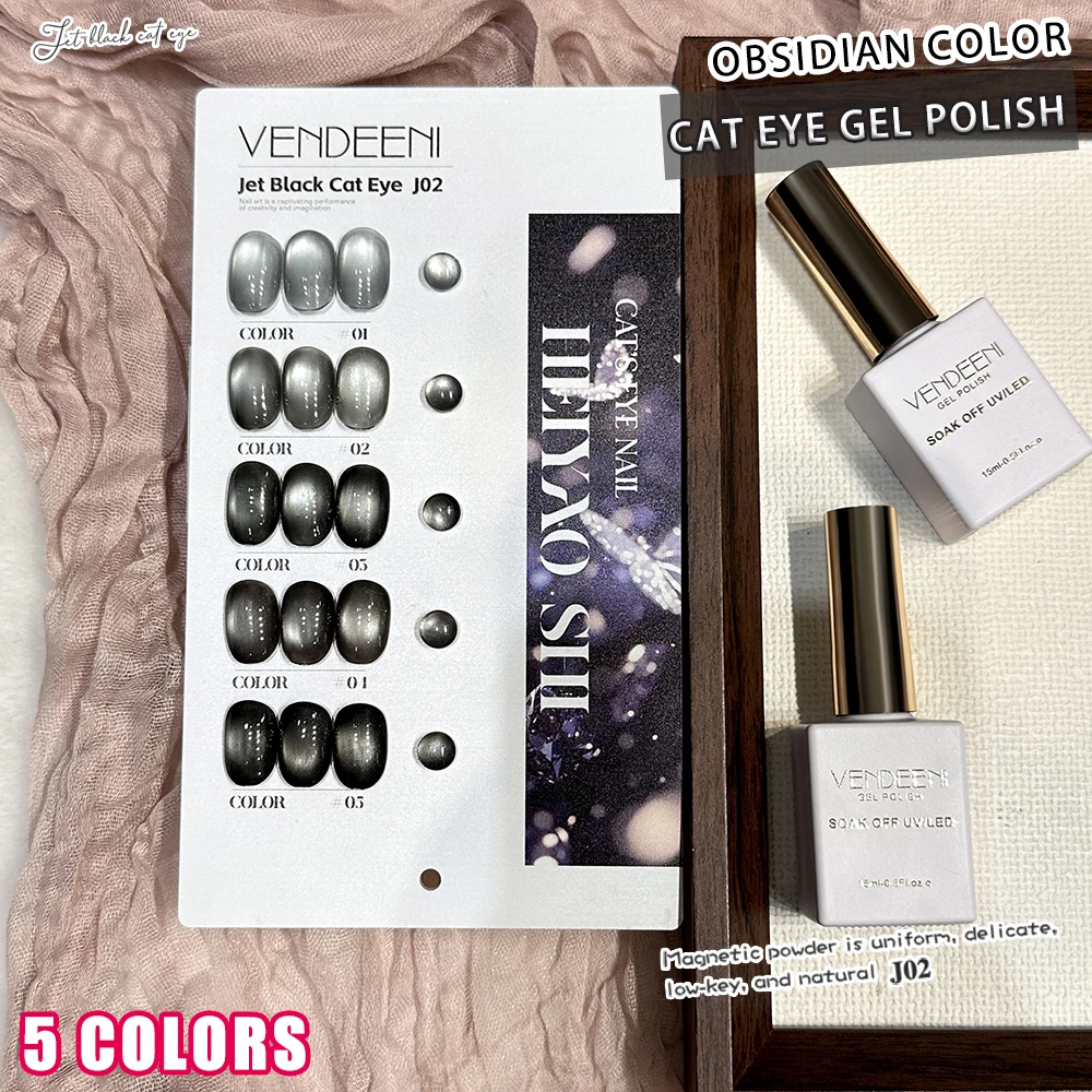 Vendeeni 5 Farben/Set Schwarzer Kristall-Katzenaugen-Gel-Nagellack Magnetischer UV-Soak-Off-Gel-Lack Obsidian-Katzenaugen-Gel mit Display – Detail 6