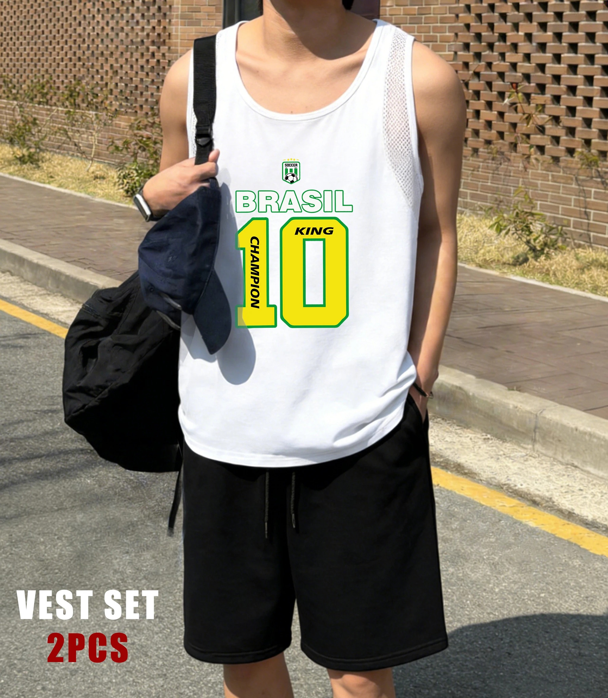 

Brasil King Number 10 Printing Reticular Vest Set Men Soft Drawstring Shorts Vacation Suit Unisex Summer Fashion Sportsuit