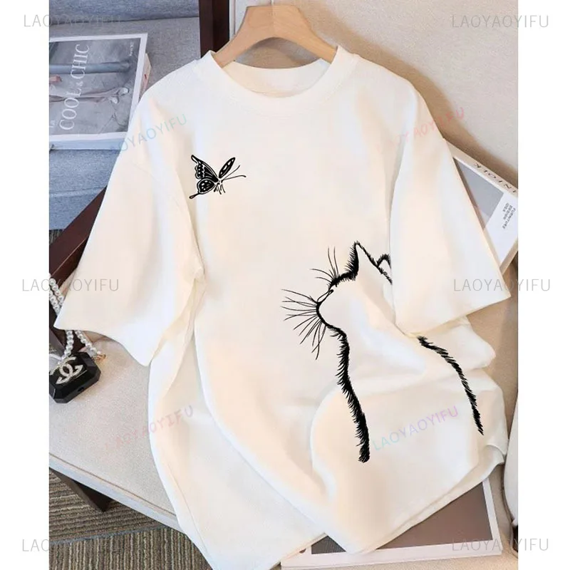 

Новинка 2025 года, летняя повседневная хлопковая футболка с маленьким котенком, женская модная шикарная винтажная дышащая футболка с принтом, простой стиль, дышащие футболки