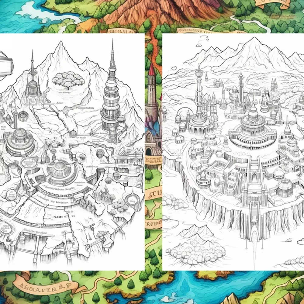 A4 Fantasy Map Coloring Book, Adult Stress Relief Drawing Coloring Book, Graffiti Coloring