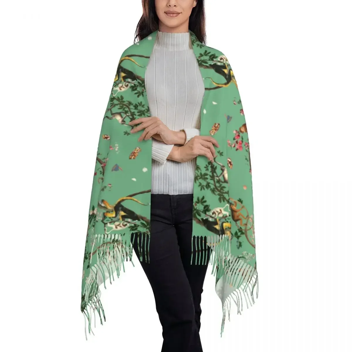 Monkey  Green Scarf with Long Tassel Animals Chinoiserie Warm Shawls Wrpas Men Women Scarves Wraps Autumn y2k Bufanda Mujer