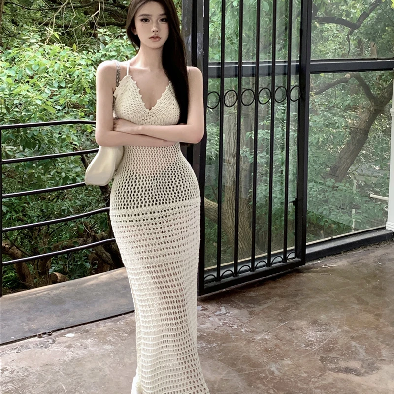 

Womens Eyelet Cover Up Dress 2026 Summer Vacation Resort Maxi Dresses Temperament Beach Backless Halter Hollow Out Sundress