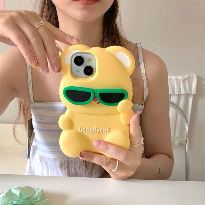 

Funny Cool Glasses Bear Phone Case For iPhone 16 Pro 14 13 12 15 Pro Max Cover Soft Silicone Shockproof Cases 16Pro Cute Funda