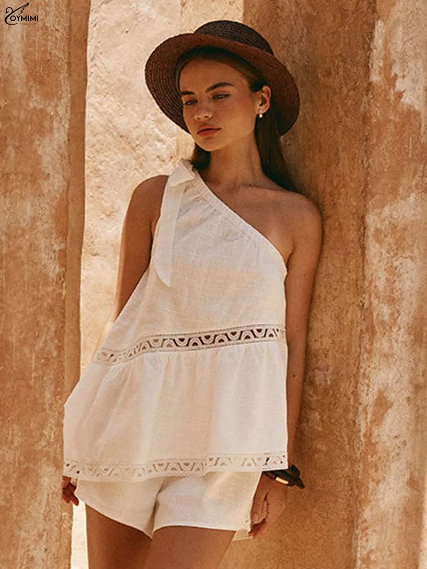 

Oymimi Fashion White Cotton Outfits For Woman 2 Piece Set Elegant One-Shoulder Sleeveless Lace Blouses And Simple Shorts Sets