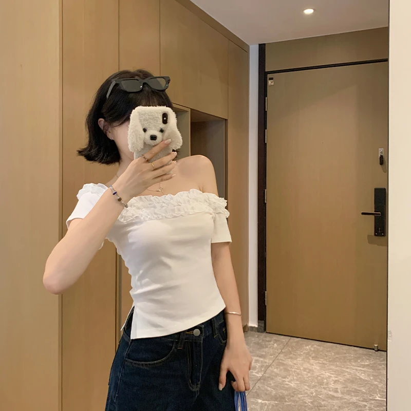 Ruffled Oblique Shoulder White Short Tops For Women Summer Short-Sleeved Design T-shirt