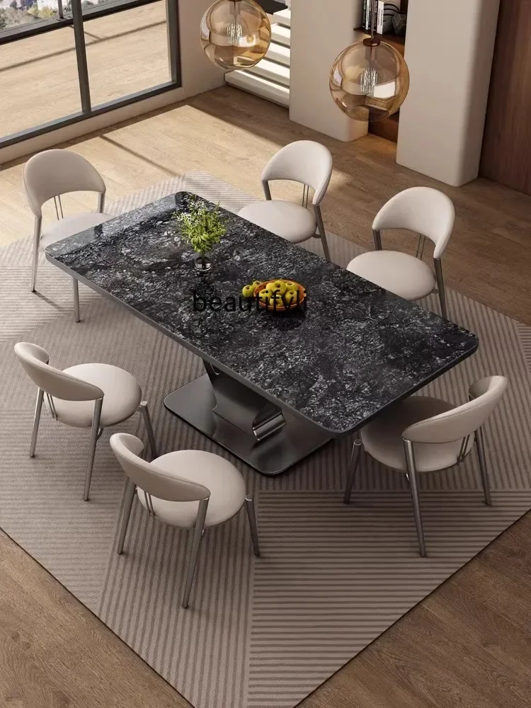 Mesa de comedor de lujo ligera de estilo italiano, placa de piedra gruesa minimalista de alta gama, piedra de lujo brillante Rectangular de acero inoxidable