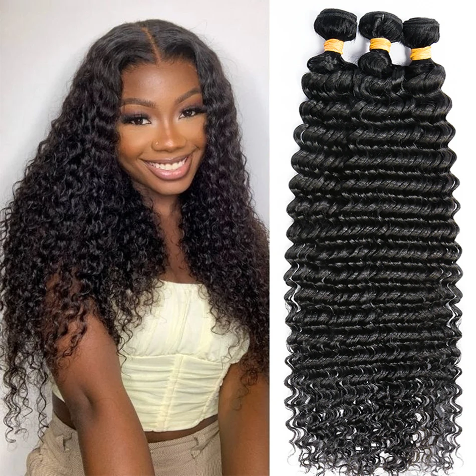 

Deep Wave Bundles Brazilian Curly Human Hair Weave Remy Human Hair Extensions 1 3 4 Bundles Deal for Women 30 Inch Natural Color