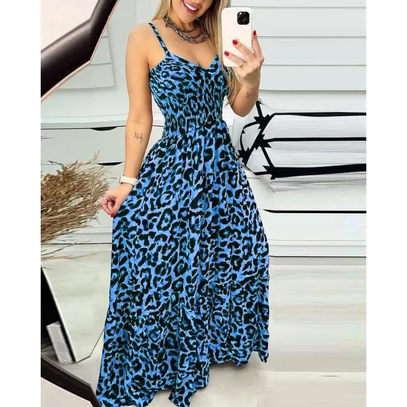 Abito estivo moda Sexy senza maniche MaxiLeopard Print Camis Dress donna scollo a v Brace elasticità abito lungo a vita alta