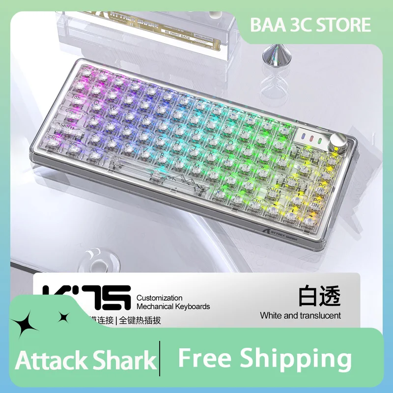 

Attack Shark K75 Mechanical Keyboard Three Mode Bluetooth Transparent Customized RGB Hot Swap Gasket Esports Gaming Keyboard