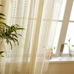 1pc Japanese Boho Style Voile Tulle，Beige Vintage Geometric Sheer Curtain，Rod Pocket for Living Room Decor