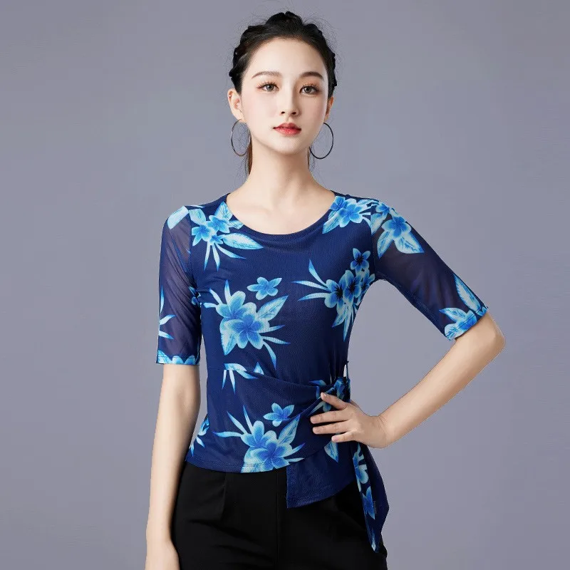 2024 New Fashion Blue Latin Dance Top Printing New Adult Women\'s Training Dance Modern National Standard Social Dance Clothing