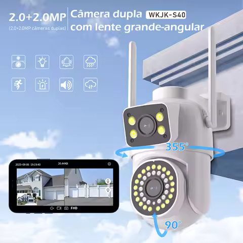 Câmera de Segurança WiFi 2.0MP Dupla Lente, Visão Noturna AI Rastreamento Humano, Câmera Vigilância para Casa IP66 2.0mm