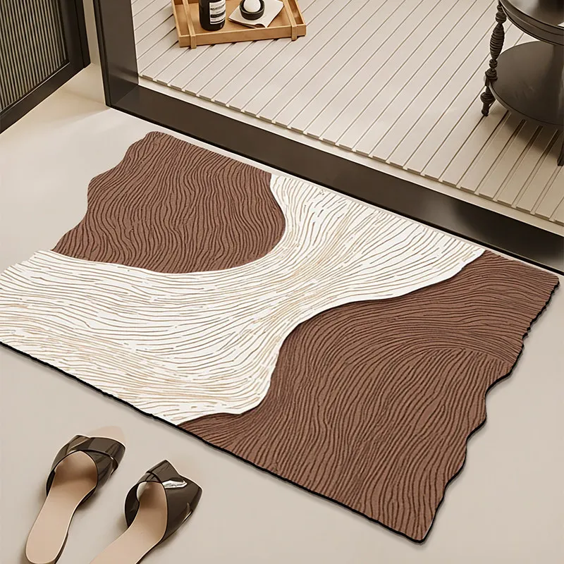 Irregular Wavy Edge Black White Line Art Diatomaceous Earth Bath Mat Quick Dry Non Slip Super Absorbent Bathroom Floor Rug