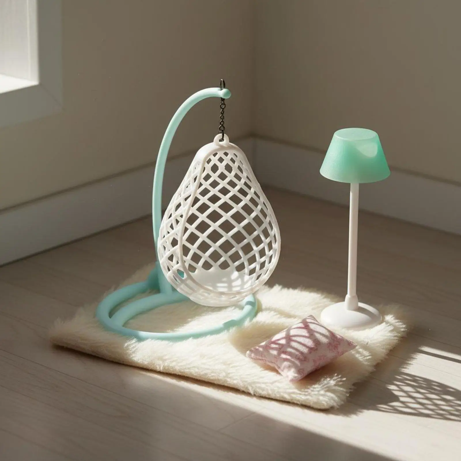 Egg-shaped Miniature Hanging Seat Dollhouse Chair with Rug and Pillow Furniture Miniatures for