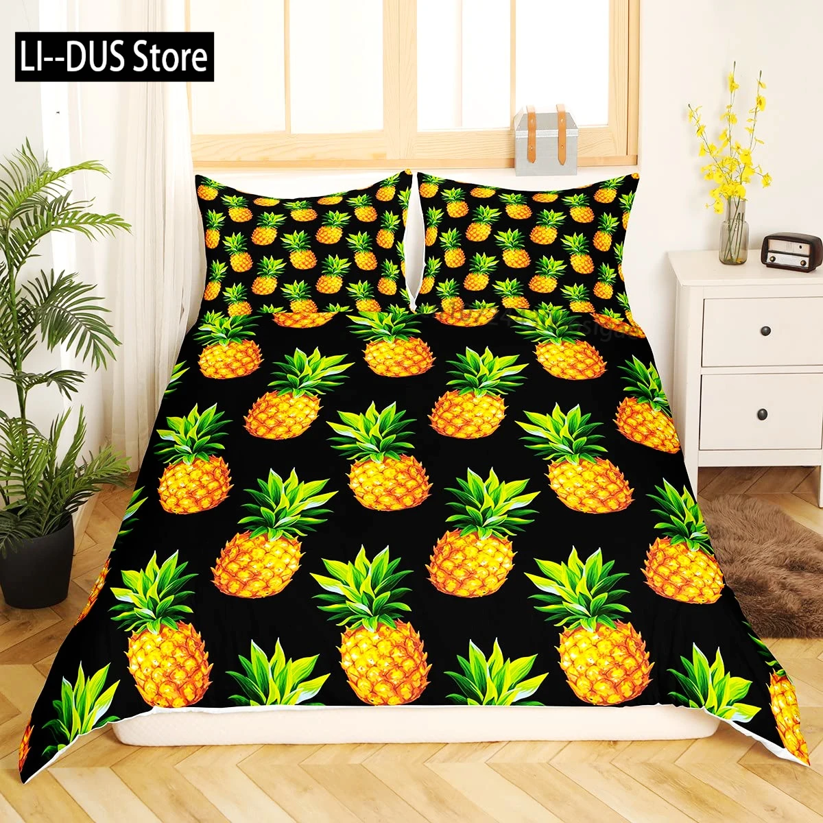 

Pineapple Duvet Cover Set, Tropical Theme Vintage Style Fruit Pattern, Decor 3 Piece Bedding Set with 2 Pillow Shams, Full Size