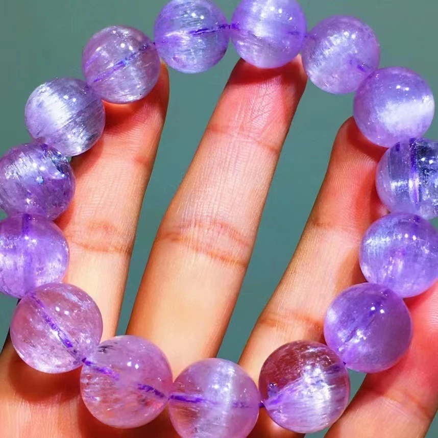 

Natural Purple Kunzite Quartz Bracelet 14.3mm Clear Big Round Beads Cat Eye Women Men Kunzite Rare Powerful Energy AAAAAA