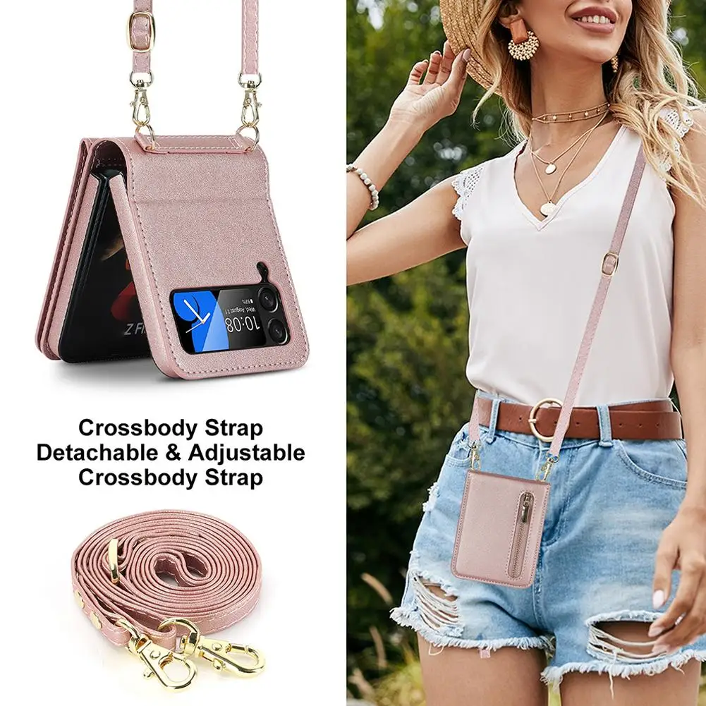 New for Samsung Z Flip6 Folding Mobile Phone Case Z Zipper Card Slot Mobile Phone Protective Leather Case With Crossbody Rope