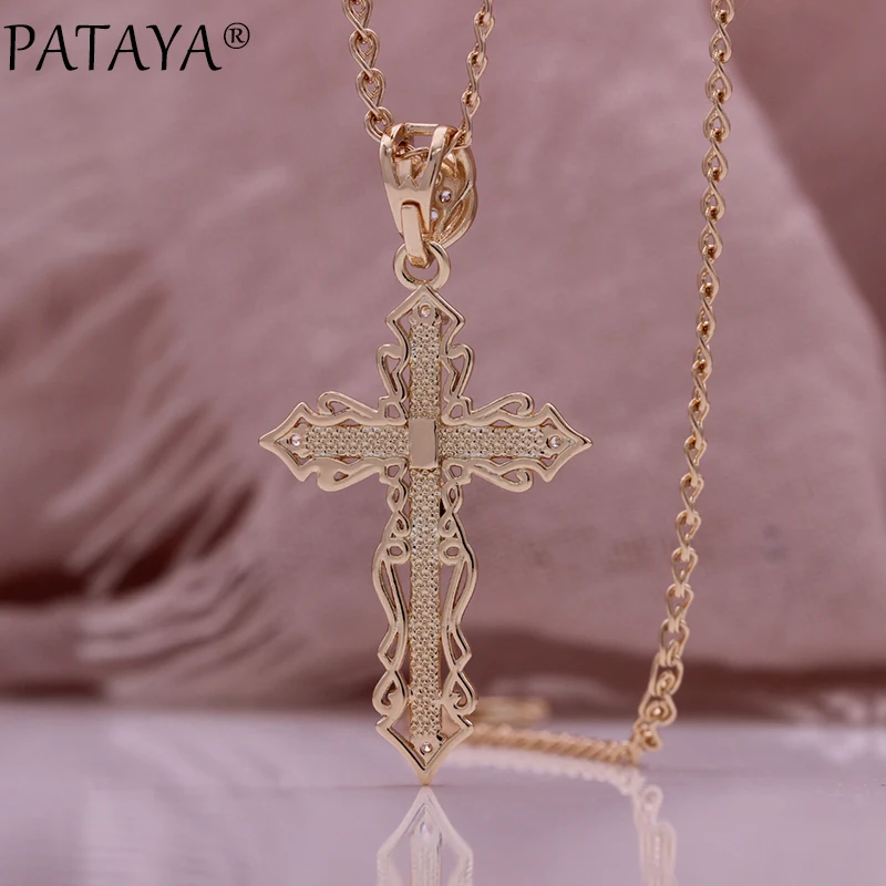 PATAYA Trendy Luxury Cross Necklace 585 Rose Gold Color Zircon Punk Pendant Necklace Cross Necklace for Women Jewelry Fine Gift