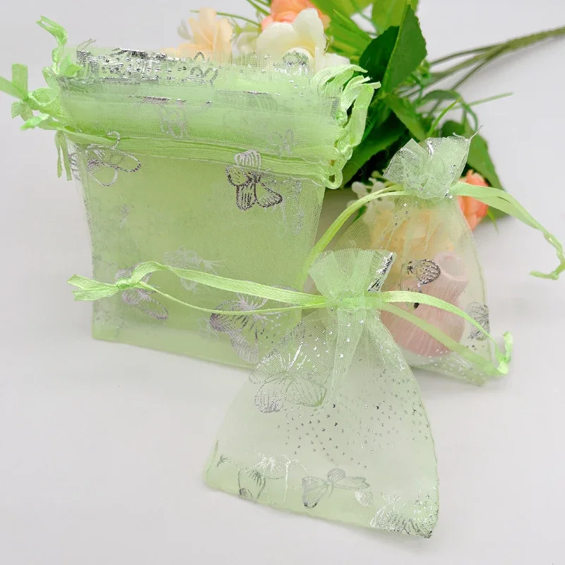 

Butterfly Drawstring Pouch, Light Green Organza Gift Bags, Wedding Packaging, Jewelry Storage Bag, 100PCs