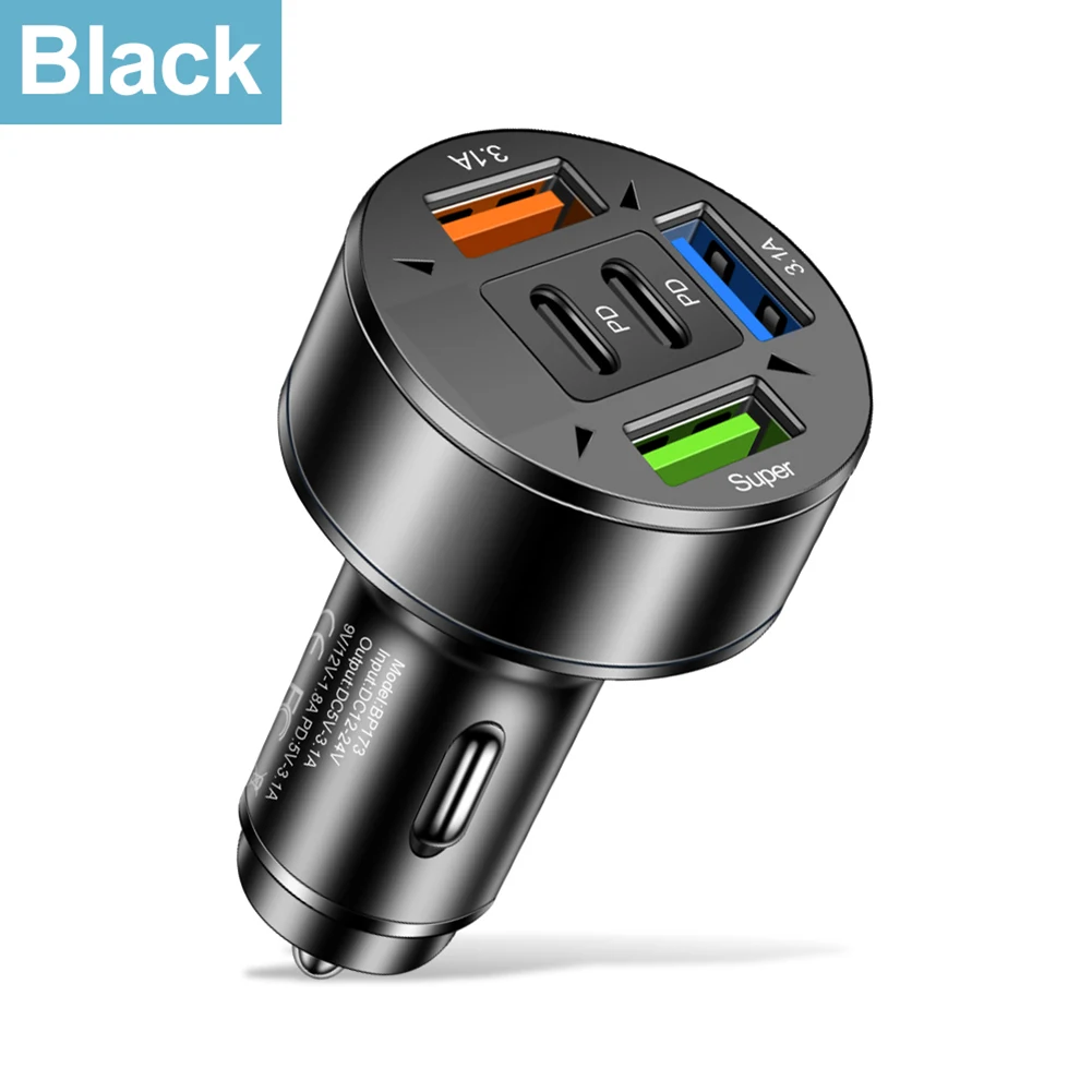 Car Charger ABS Aluminum Alloy 4*4*6cm 12-24V DC5V-3.1A 9V 5 Ports LED Digital Display Fast Charging Car Phone Charger Adapter