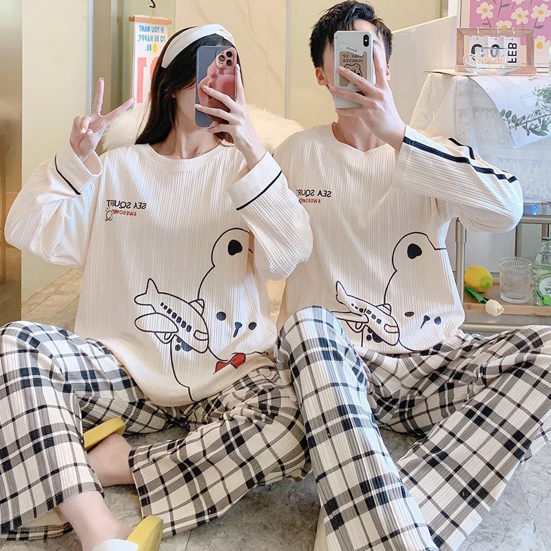 Cute Cartoon Sleepwear Cotton Pajamas Couple Long Sleeves Pajamas Suit Pajama Women Men Lounge wear Plus Size Home Clothe