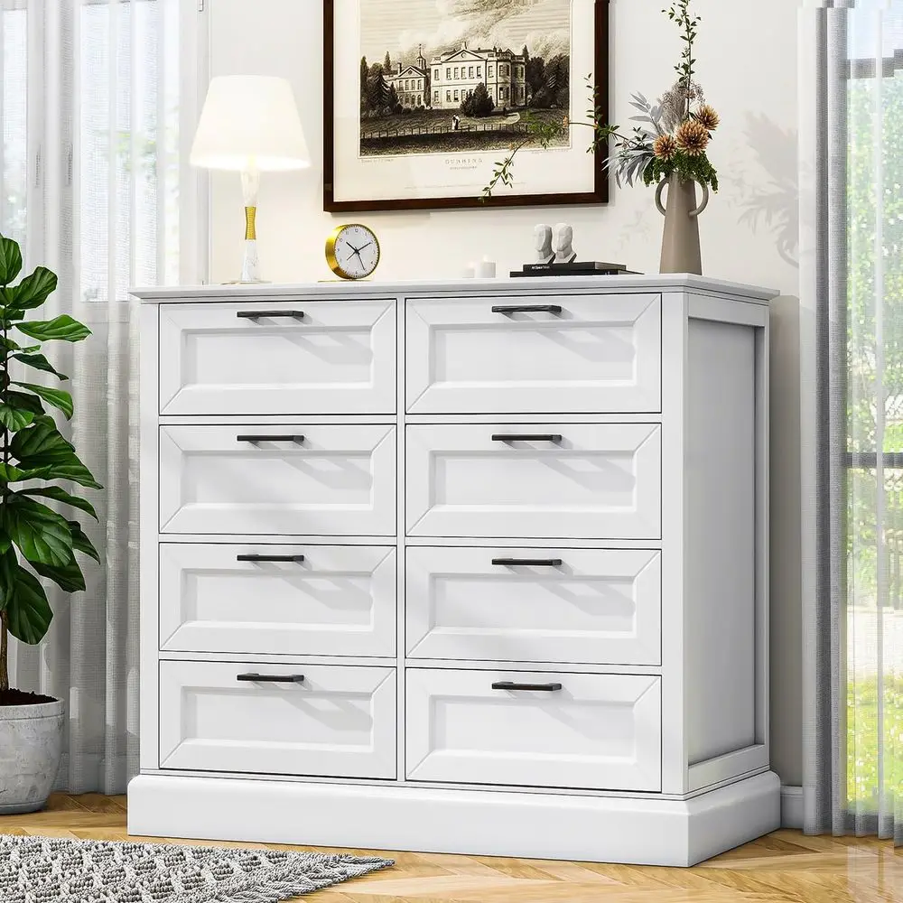 Large 8-Drawer Bedroom Chest with Tall Wood Storage and Black Handles
