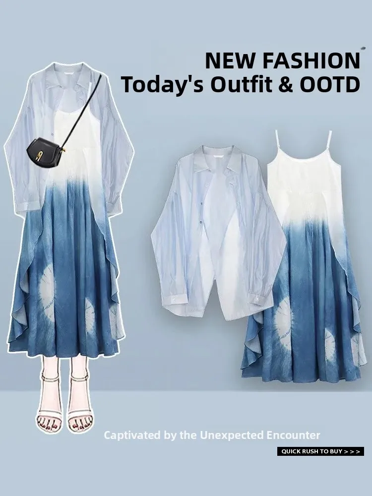 

Dopamine Blue Tie Dye Women's Summer 2026 New Beach Vacation Unique Design Sunscreen Shirt Dress Polyester Long Skirt