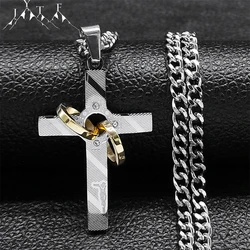 Hip Hop Crystal Cross With Ring Necklaces Stainless Steel Rhinstone Jesus Cuban Chain Crucifix Necklace Jewelry Collar de Cruz