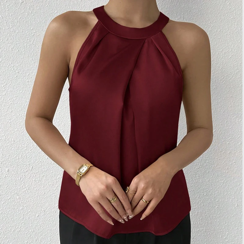 Satin Tank Top Women Summer High End Color Silk Blouse Round Neck Sleeveless Fashionable Shirt