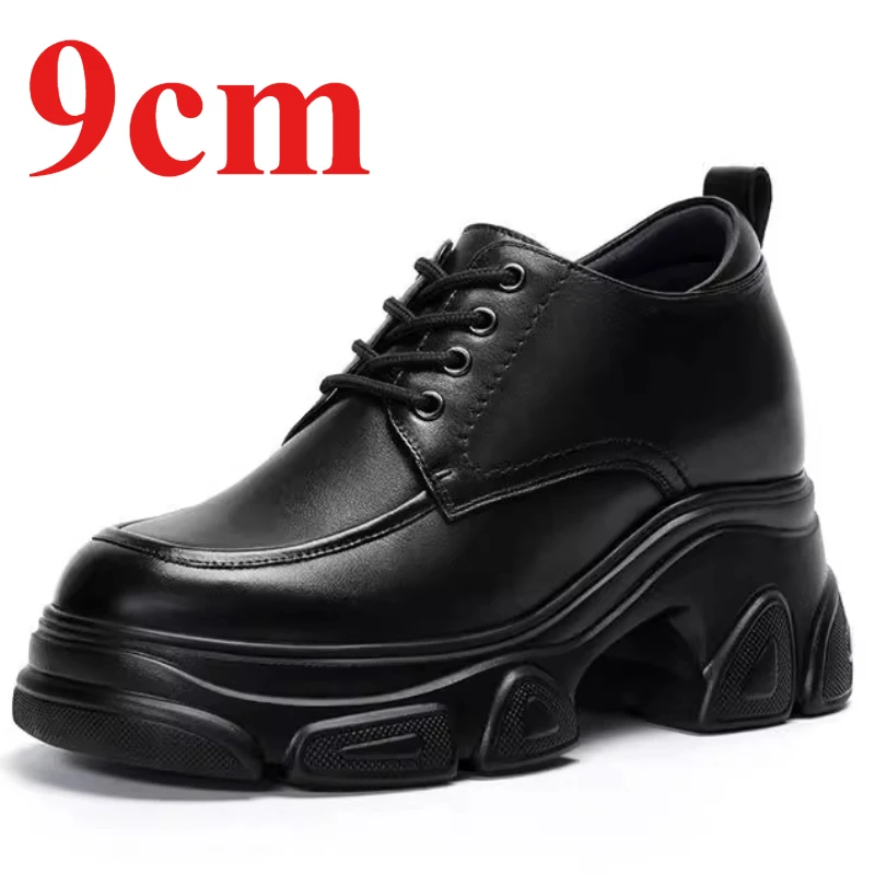 

Британские туфли для папы из натуральной кожи, женские туфли на толстой подошве 9 см, увеличивающие рост, черные модные удобные туфли на платформе