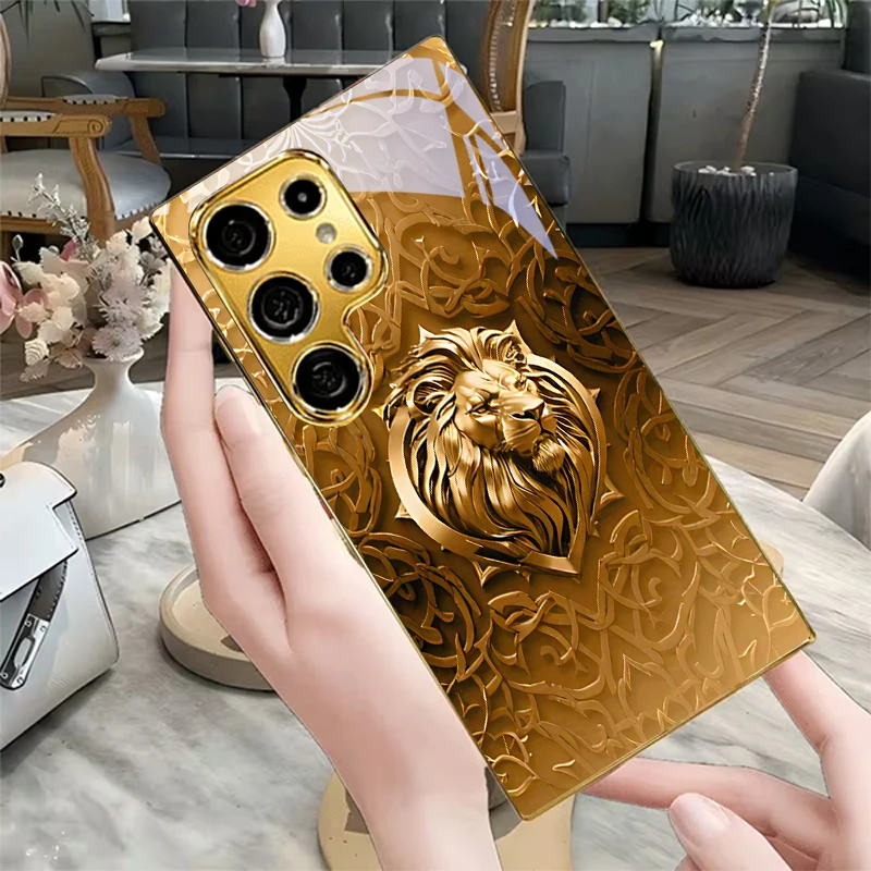 Golden Lion Shield Electroplated Golden Phone Case For Samsung S25 Ultra S21 S22 FE S23 Plus S24 S20 S26 Note 10 20 Back Cover