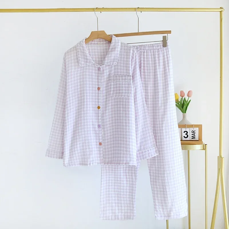 2026 Spring/Summer New Women\'s Sleepwear Long Set 100% Cotton Plaid Long Sleeve Long Pants Two Piece Set Collar Home Clothes