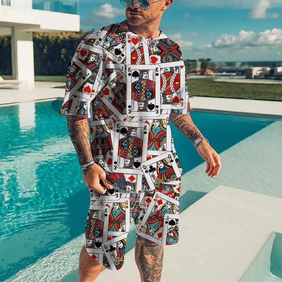 男性のズボンのトラックスーツ2個セット3Dプリント夏半袖tシャツ + ロングパンツ男性スポーツウェアストリート服