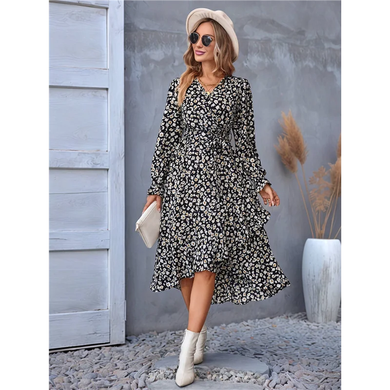 【SEE】فستان نسائي صيفي بوهو ماكسي مزين بالزهور وأكمام طويلة ورقبة على شكل حرف V وكشكش على شكل حرف A فساتين طويلة لحفلات الزفاف