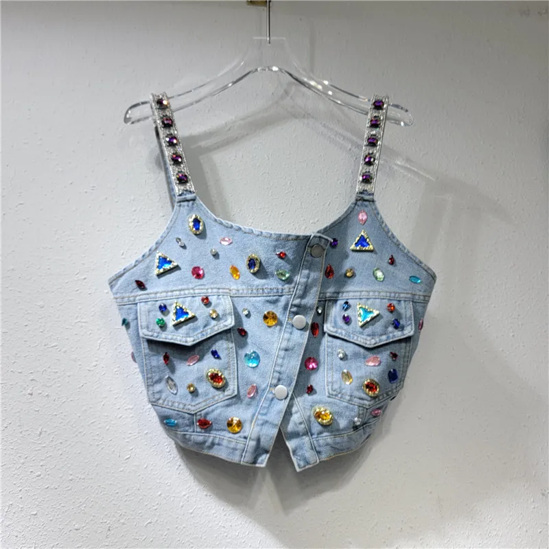 

Sexy Retro Cross Denim Camisole Women Outer Wear Design Heavy Industry Beads Colorful Diamond Short Sleeveless Vest Top