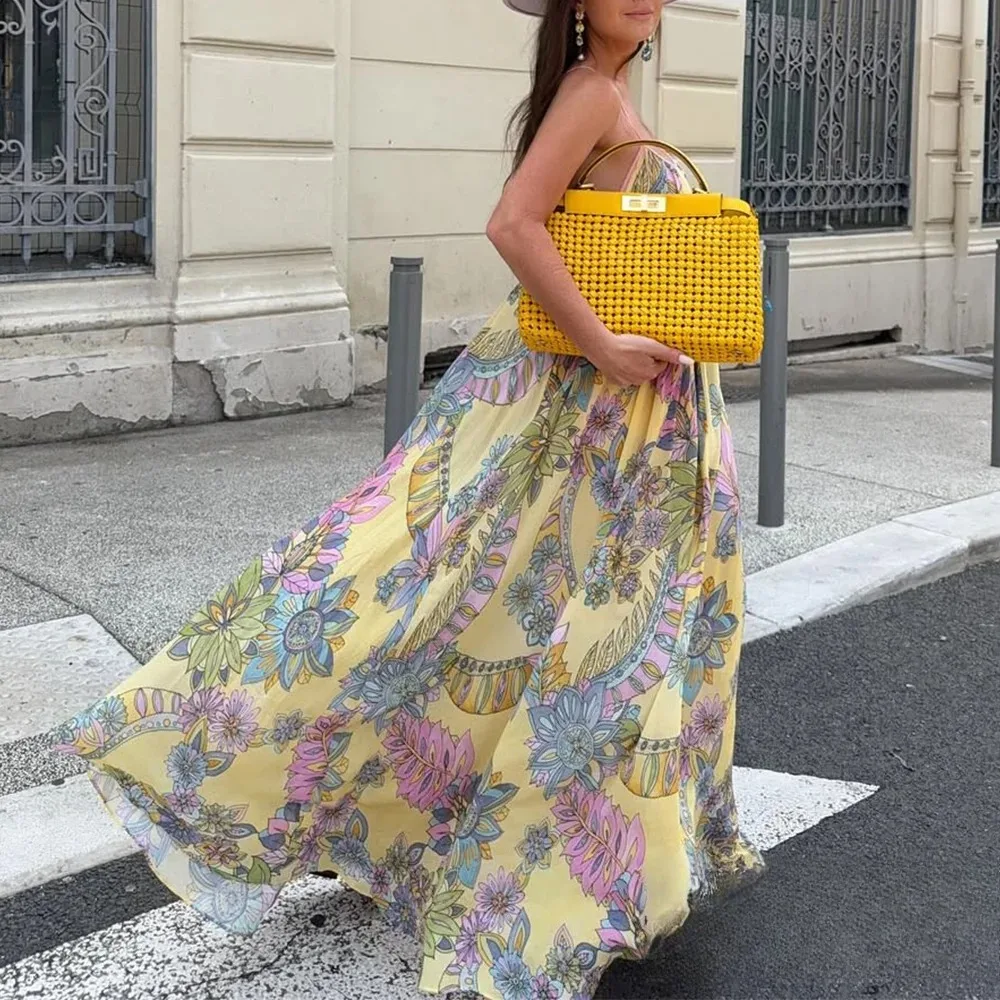 KONDALA Sexy Floral Print Chiffon Print Loose Dress Women Cami Loose Beach Dress Fashion 2025 Summer Backless Female Dress