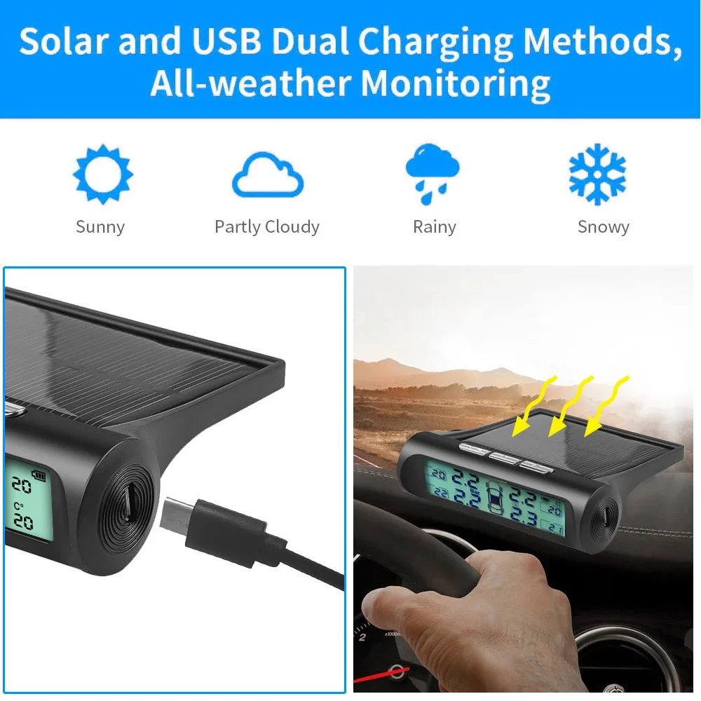 universal Wireless External Sensors Car TPMS Tire Pressure Monitoring System Solar Charging HD Digital LCD Display Auto Alarms
