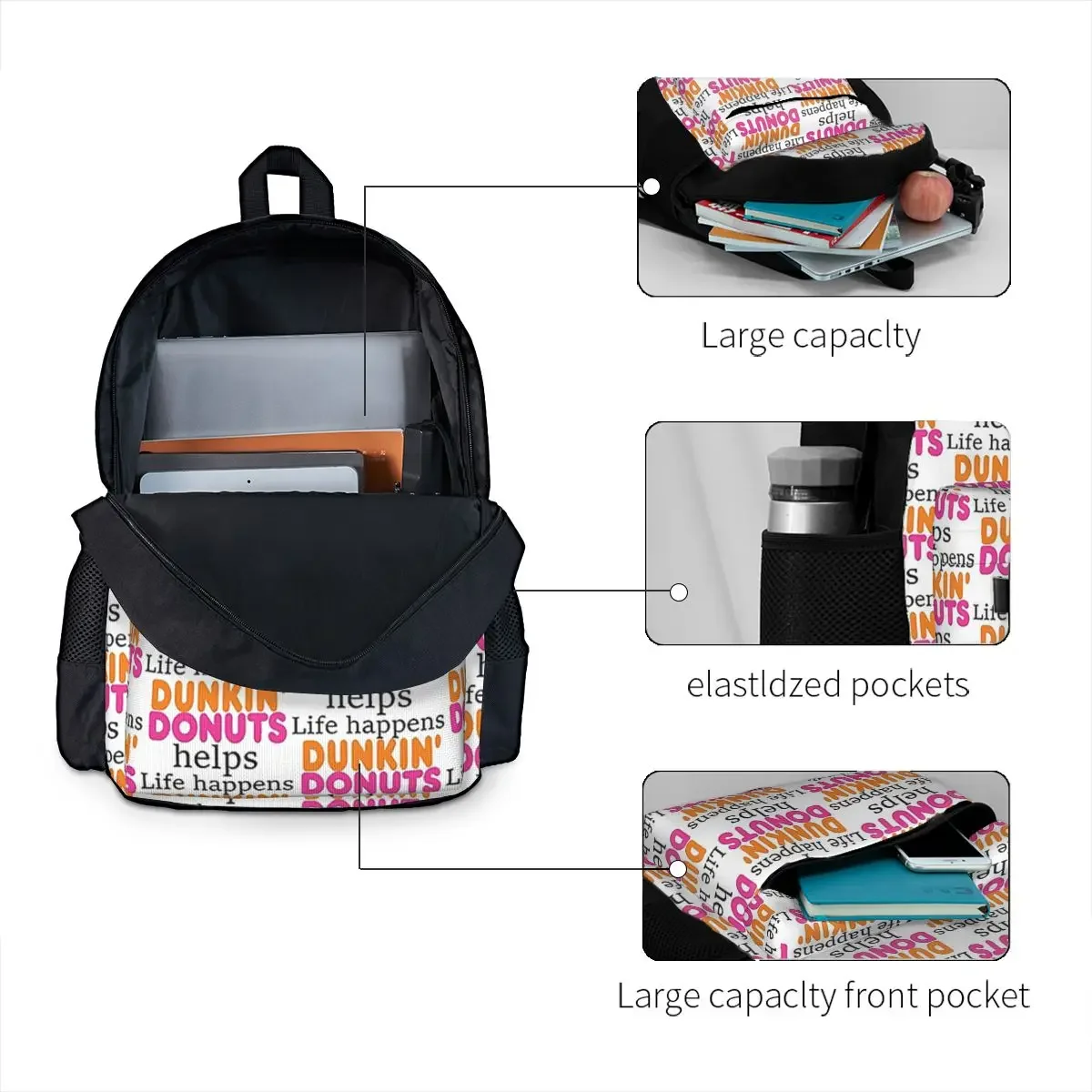 Life Happens... Dunkin Donuts Helps Backpack Hot Sale Daypack Large Capacity Boys Girls BookBag School Bag  for Men Women