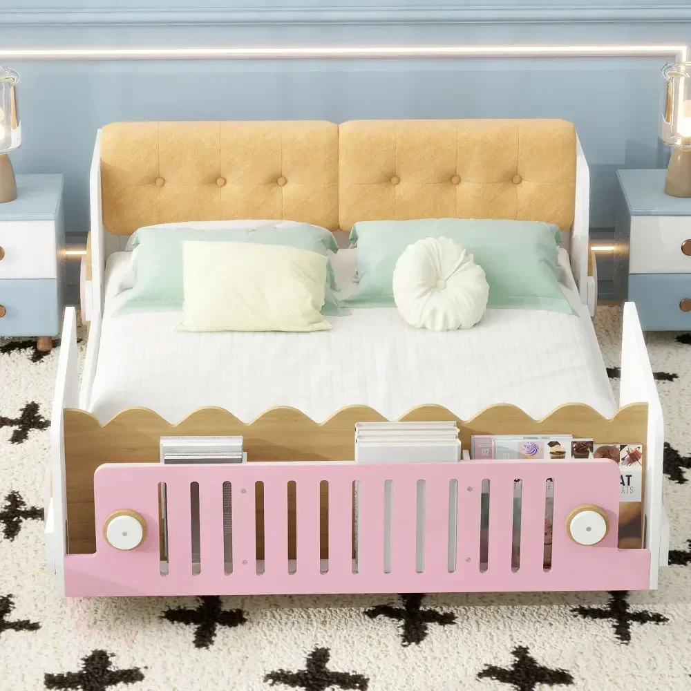 Full Size Car-shaped Platform Bed with Soft Cushion and Shelves on The Footboard,Bed for Boy From 4To 8 Years White Twin Beds