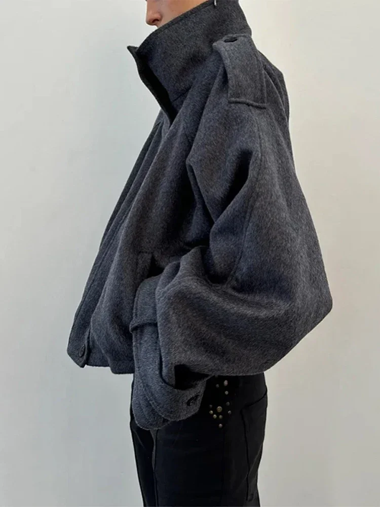 Chaqueta elegante de lana con cuello levantado para mujer, chaquetas holgadas de manga larga con un solo pecho y cremallera, prendas de vestir para Otoño e Invierno 2025