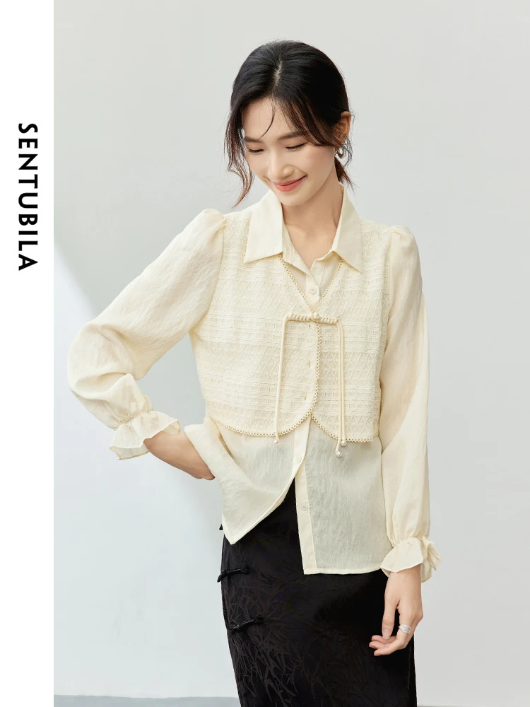 SENTUBILA Chinese Style Fake 2 Piece Blouse 2024 Spring Polo Collar Button Up Loose Shirts Long Sleeve Womens Tops 141C53212