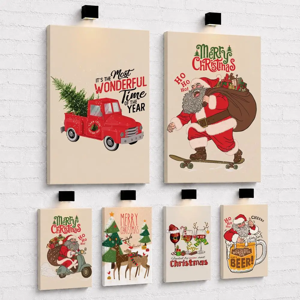 Cute Santa Claus Ands Framed Wall Painting Wood Canvas Poster For Living Room Bedroom Hallway Office Home Decor