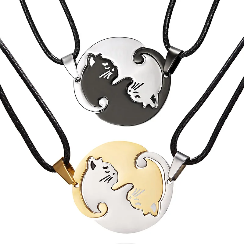 2 teile/satz Paar Halskette Edelstahl niedlichen Cartoon Katze Tier Halsreif für Frauen Männer Liebhaber Valentinstag Schmuck Geschenke