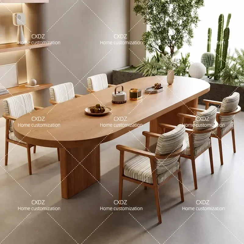 Cream Style Solid Wood Dining Table and Chair Set Oval Long Table for Home Kitchen Living Room Study Book Desk Workbench